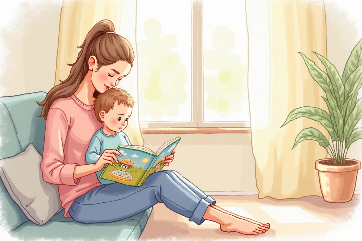 Parent reading picture book to baby